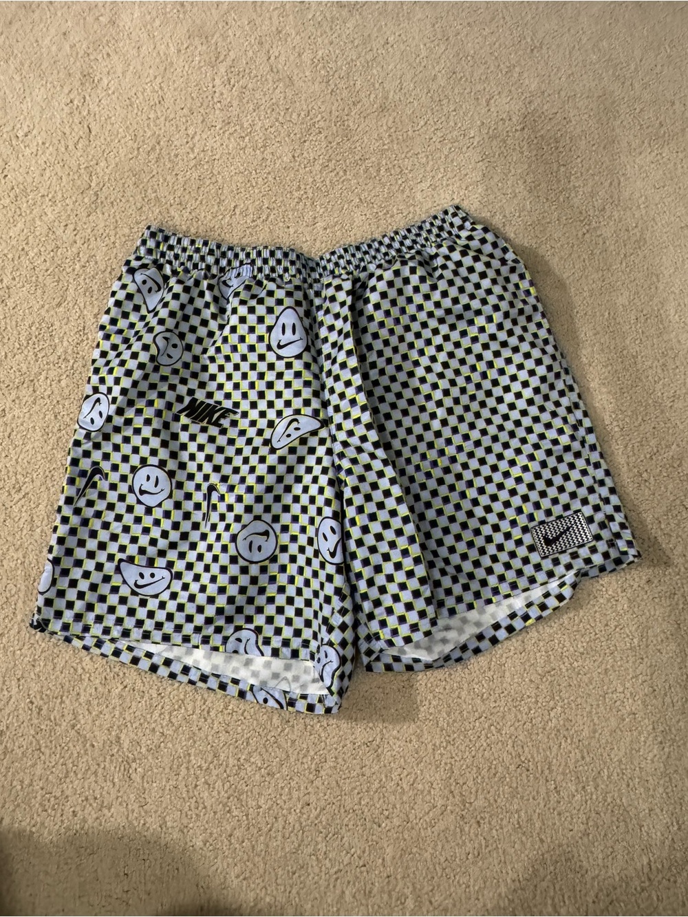 Nike Men’s Black and Lime Checkered Smiley Athletic Shorts